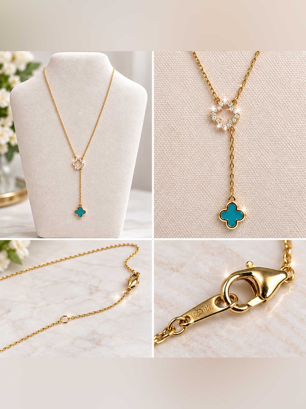 EHC 925 Sterling Silver Gold-Tone Lariat Necklace Pavé Clover Turquoise Enamel D
